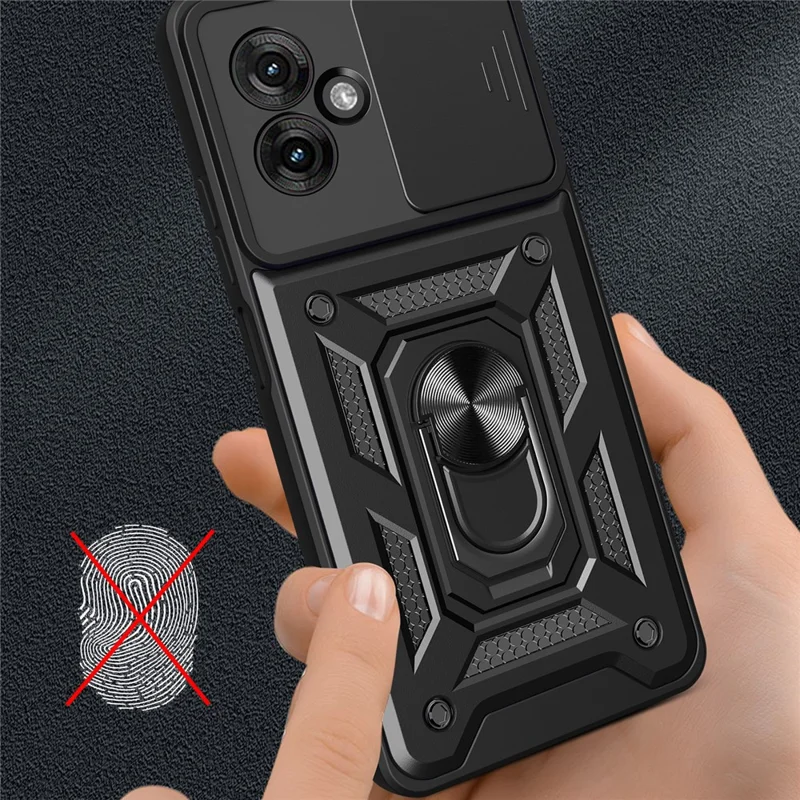 For Motorola Moto G55 5G Case with Slide Camera Lid PC+TPU Kickstand Phone Cover - Black-Cellmalls