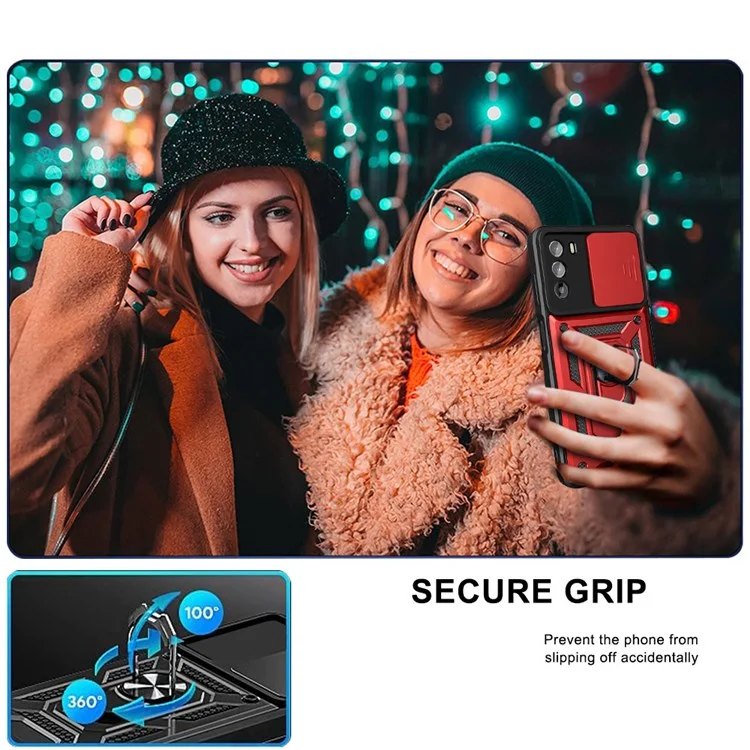 For Motorola Moto G52 4G / G82 5G Mobile Phone Shell Bag Slide Camera Protection PC + TPU Ring Kickstand Case Anti-drop Phone Cover - Black-Cellmalls