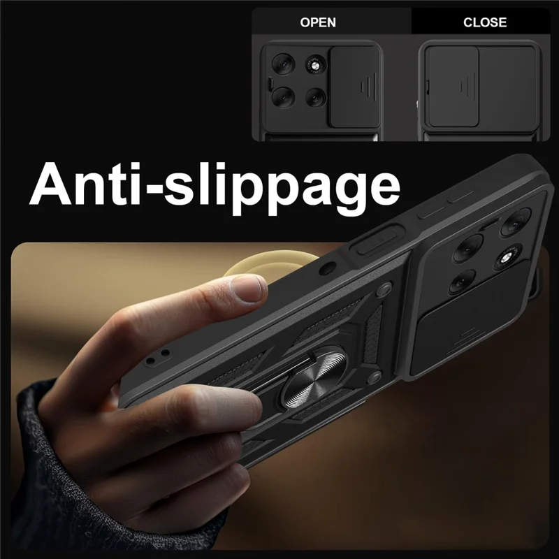 For Motorola Moto G56 5G Case with Slide Camera Lid PC + TPU Kickstand Phone Cover - Black-Cellmalls