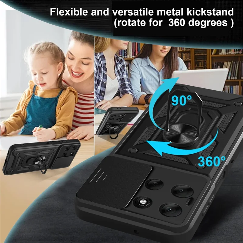For Motorola Moto G56 5G Case with Slide Camera Lid PC + TPU Kickstand Phone Cover - Black-Cellmalls