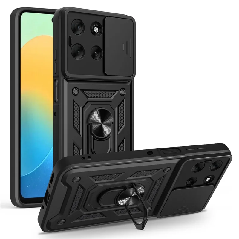 For Motorola Moto G56 5G Case with Slide Camera Lid PC + TPU Kickstand Phone Cover - Black-Cellmalls