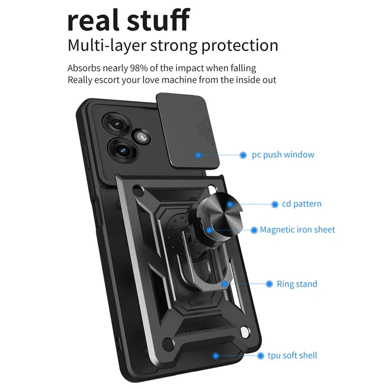 For Motorola Moto G55 5G Case with Slide Camera Lid PC+TPU Kickstand Phone Cover - Black-Cellmalls