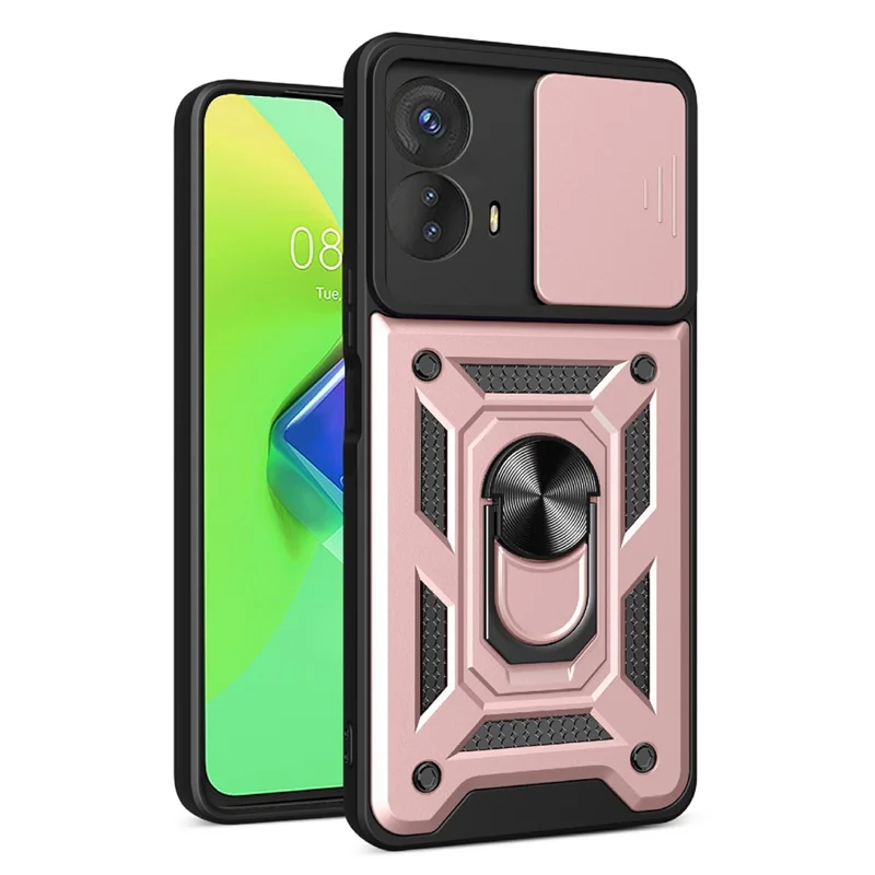 Kickstand PC+TPU Phone Cover for Motorola Moto G53 5G , Slide Push Pull Camera Lens Protection Shell Phone Case - Black-Cellmalls