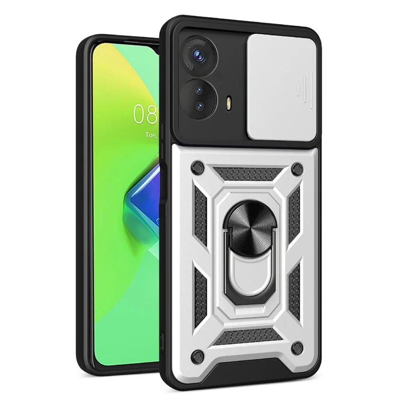 Kickstand PC+TPU Phone Cover for Motorola Moto G53 5G , Slide Push Pull Camera Lens Protection Shell Phone Case - Black-Cellmalls
