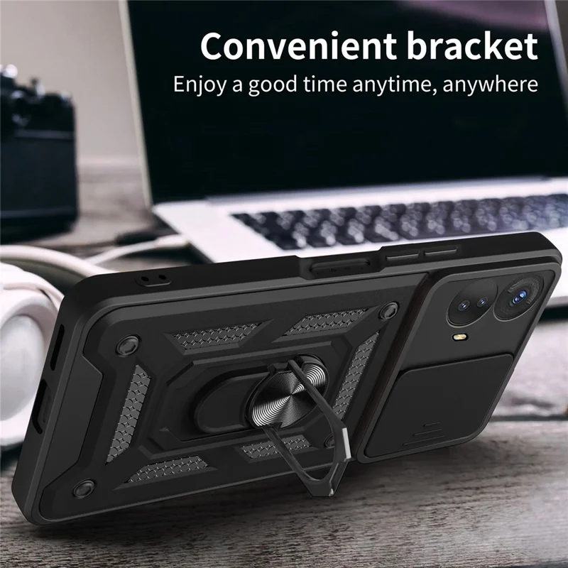 Kickstand PC+TPU Phone Cover for Motorola Moto G53 5G , Slide Push Pull Camera Lens Protection Shell Phone Case - Black-Cellmalls