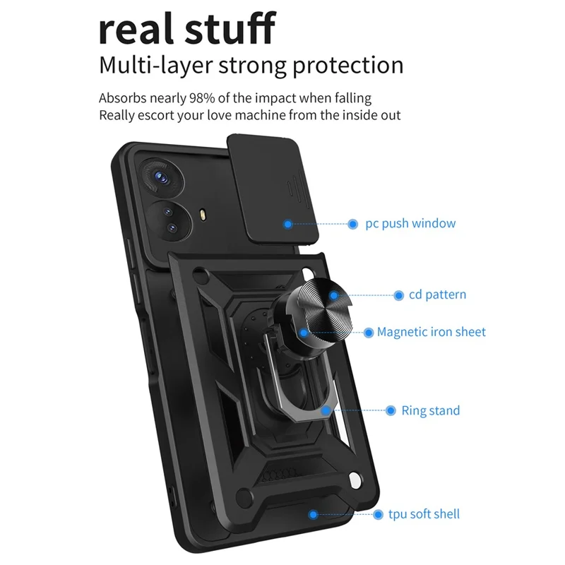 Kickstand PC+TPU Phone Cover for Motorola Moto G53 5G , Slide Push Pull Camera Lens Protection Shell Phone Case - Black-Cellmalls