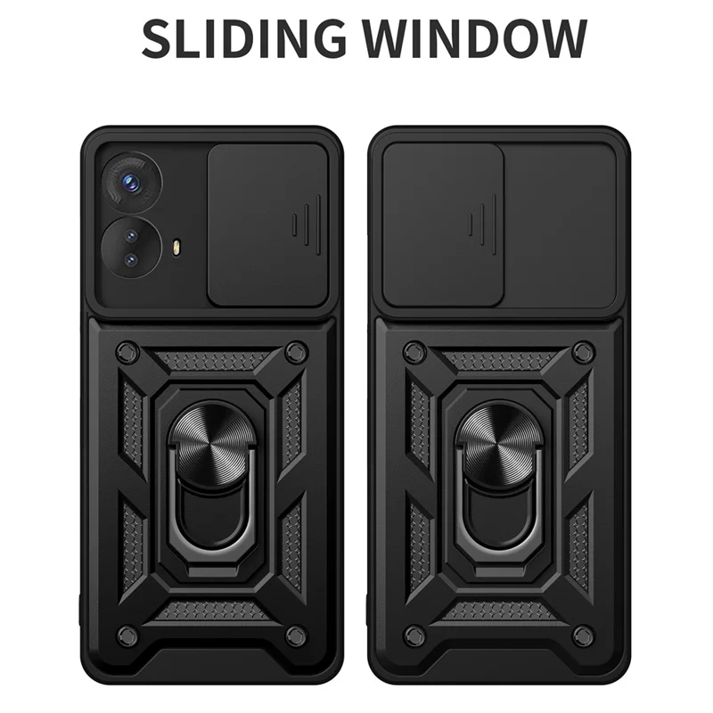 Kickstand PC+TPU Phone Cover for Motorola Moto G53 5G , Slide Push Pull Camera Lens Protection Shell Phone Case - Black-Cellmalls