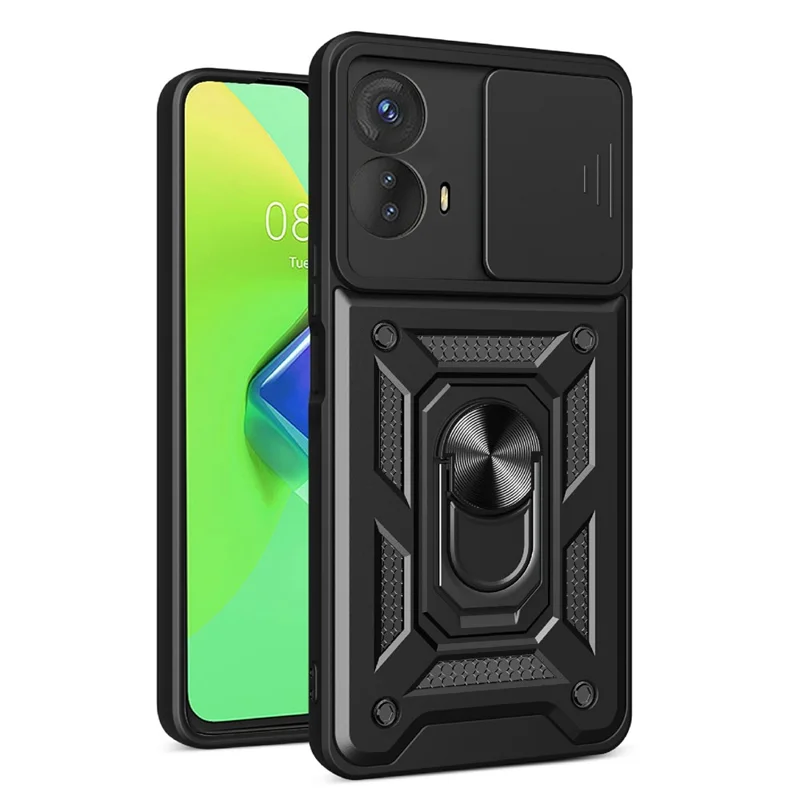 Kickstand PC+TPU Phone Cover for Motorola Moto G53 5G , Slide Push Pull Camera Lens Protection Shell Phone Case - Black-Cellmalls