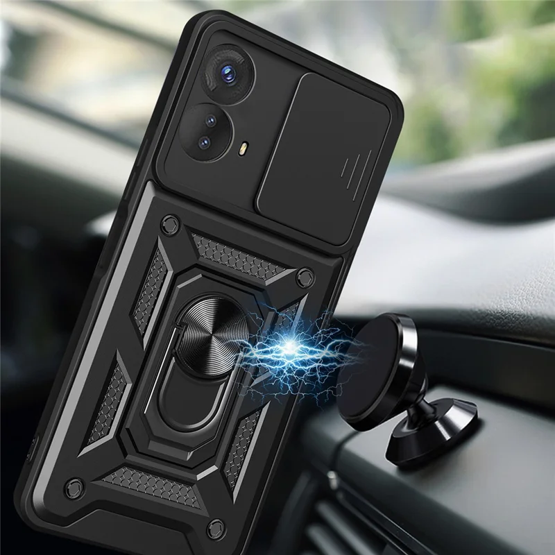 Kickstand PC+TPU Phone Cover for Motorola Moto G53 5G , Slide Push Pull Camera Lens Protection Shell Phone Case - Black-Cellmalls