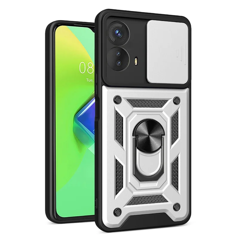 For Motorola Moto G73 5G Slide Push Pull Camera Lens Protection Cover Kickstand PC+TPU Phone Case Protector - Black-Cellmalls