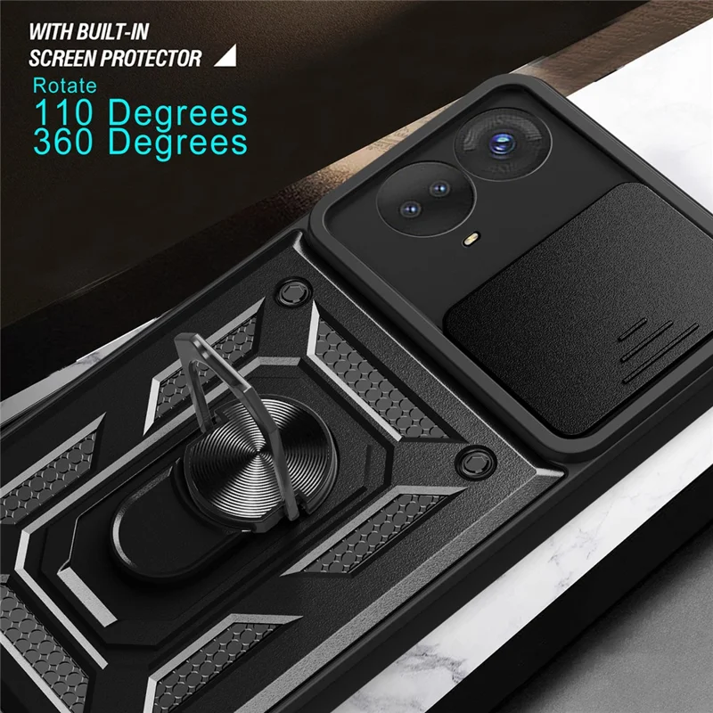 For Motorola Moto G73 5G Slide Push Pull Camera Lens Protection Cover Kickstand PC+TPU Phone Case Protector - Black-Cellmalls