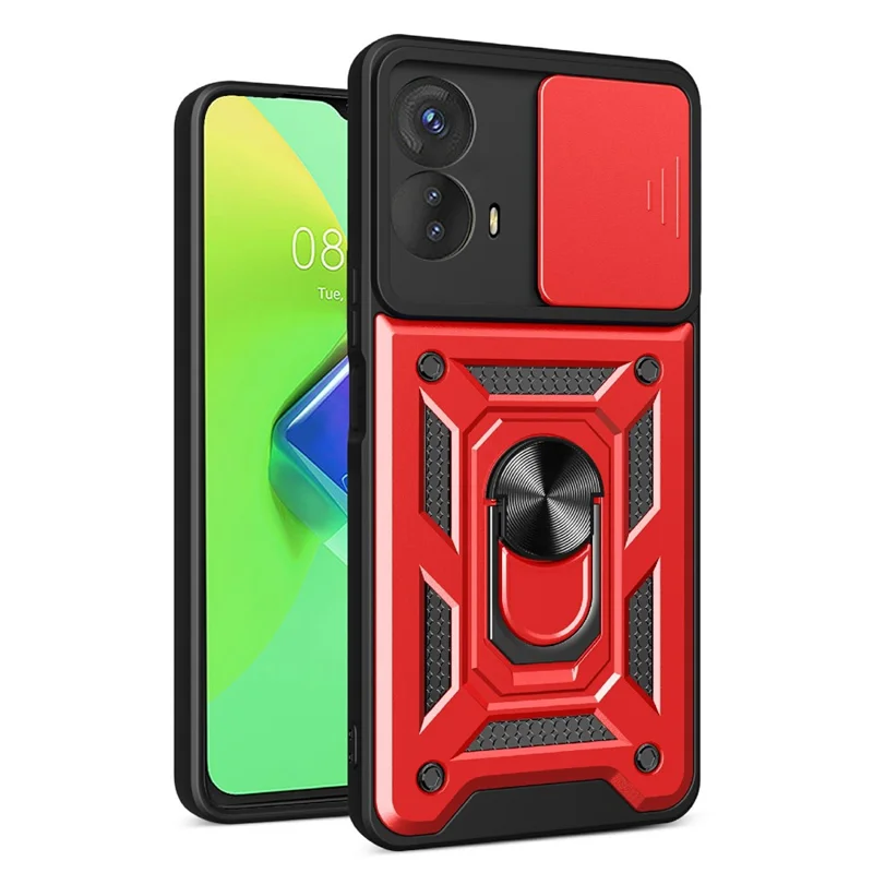 For Motorola Moto G73 5G Slide Push Pull Camera Lens Protection Cover Kickstand PC+TPU Phone Case Protector - Black-Cellmalls