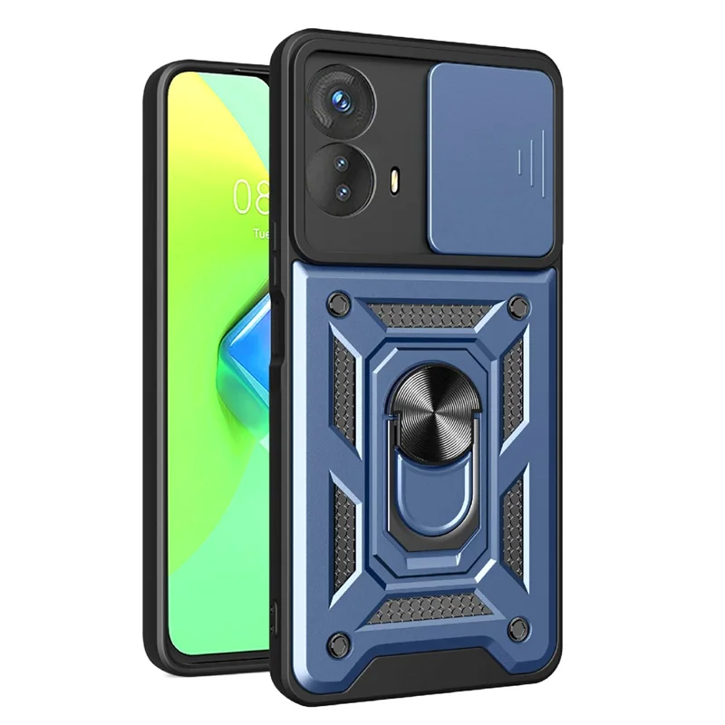 For Motorola Moto G73 5G Slide Push Pull Camera Lens Protection Cover Kickstand PC+TPU Phone Case Protector - Black-Cellmalls