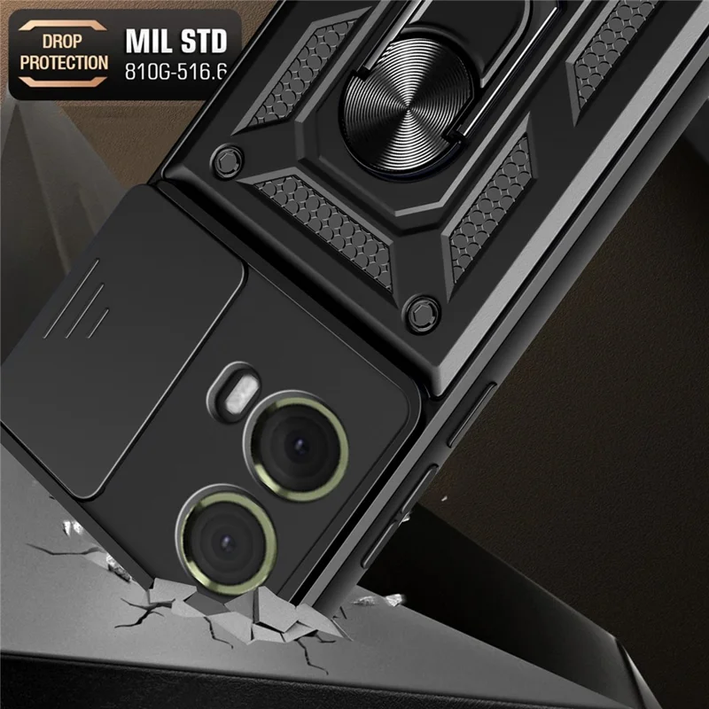 For Motorola Moto S50 Neo 5G / G85 5G Case with Slide Camera Lid PC+TPU Kickstand Phone Cover - Black-Cellmalls