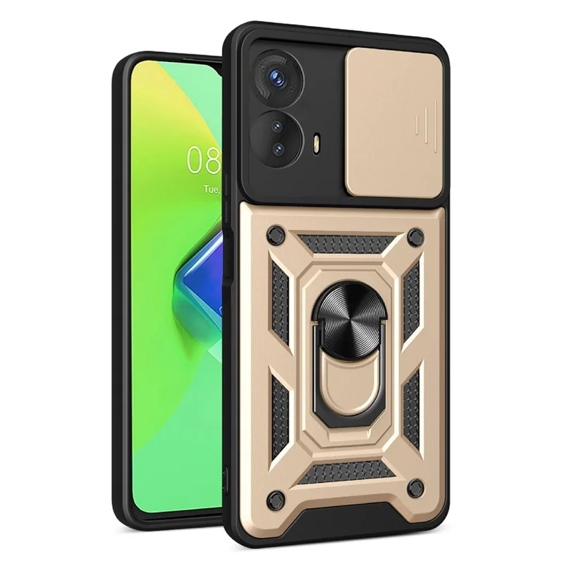 For Motorola Moto G73 5G Slide Push Pull Camera Lens Protection Cover Kickstand PC+TPU Phone Case Protector - Black-Cellmalls