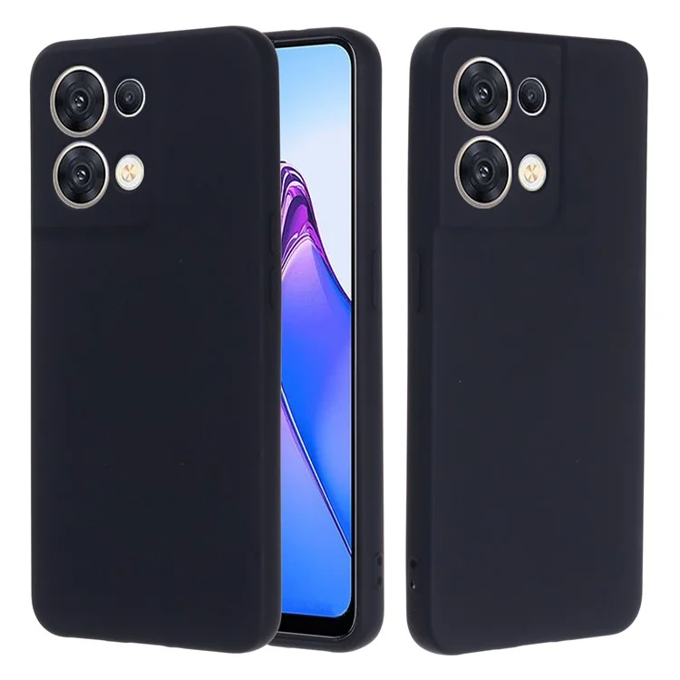 For Oppo Reno8 5G (Global Version) Soft Liquid Silicone Case Anti-Fingerprint Anti-Scratch Fiber Lining Camera Protective Phone Cover with Strap - Black-Cellmalls