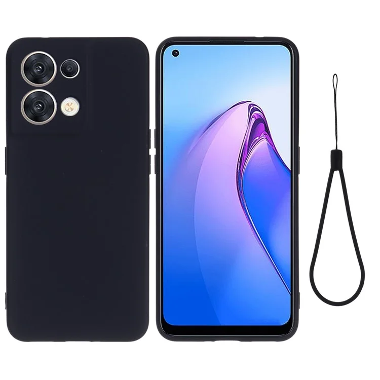 For Oppo Reno8 5G (Global Version) Soft Liquid Silicone Case Anti-Fingerprint Anti-Scratch Fiber Lining Camera Protective Phone Cover with Strap - Black-Cellmalls
