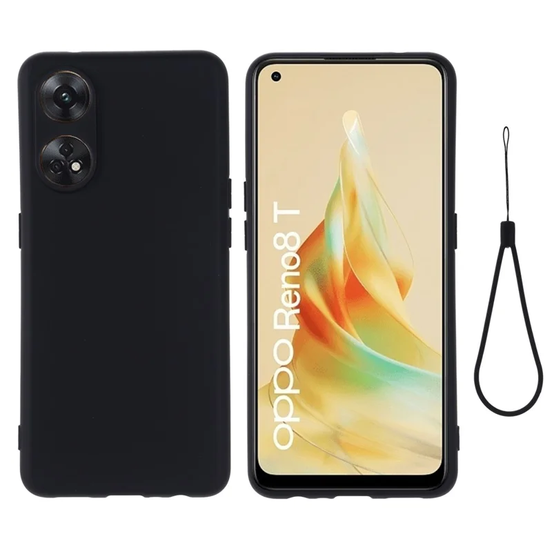 Phone Case for Oppo Reno8 T 4G , Liquid Silicone Soft Lining Shockproof Smartphone Cover with Strap - Black-Cellmalls