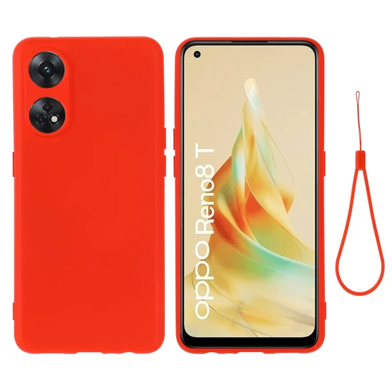 Phone Case for Oppo Reno8 T 4G , Liquid Silicone Soft Lining Shockproof Smartphone Cover with Strap - Black-Cellmalls