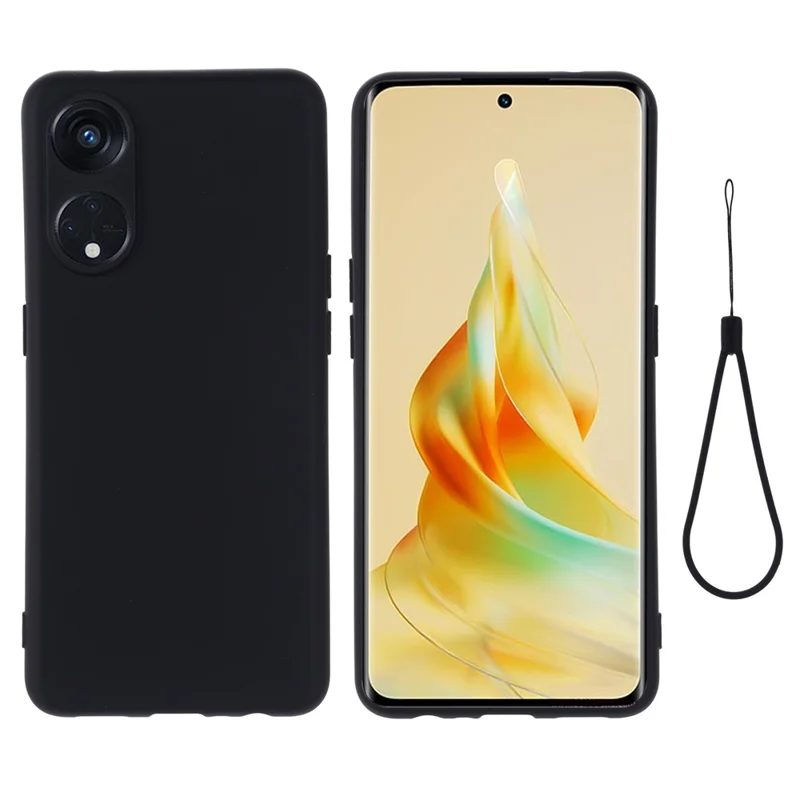 For Oppo Reno8 T 5G / A1 Pro 5G Liquid Silicone Soft Lining Cover Anti-Scratch Phone Case with Strap - Black-Cellmalls