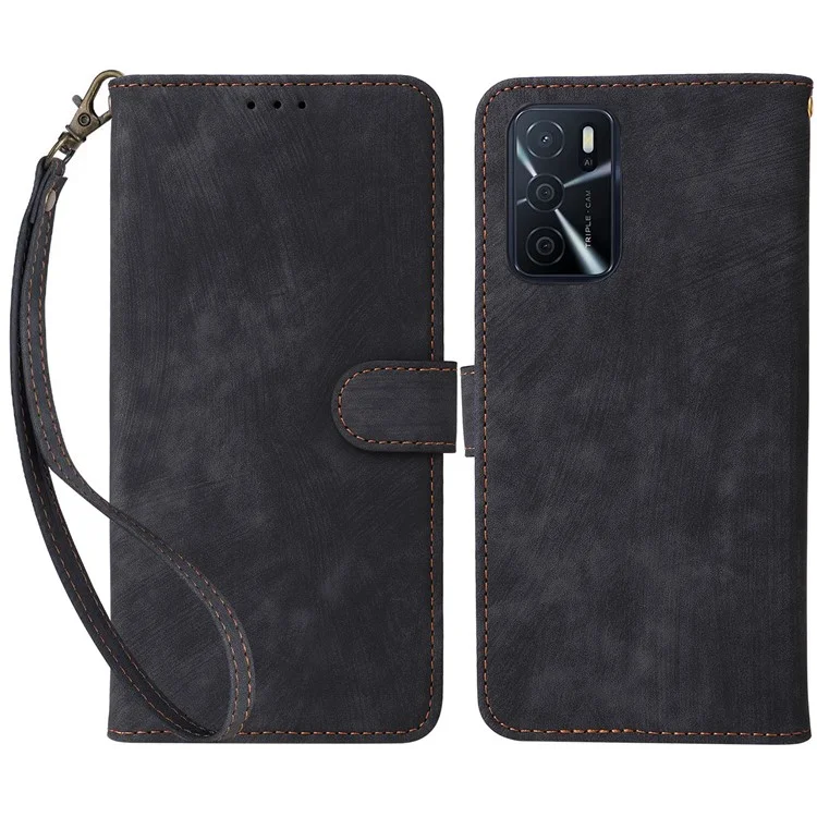 For Oppo A16 / A16s / A54 4G / A55 / A55 5G / A53s 5G / A54s Stand Phone Cover RFID Blocking Wallet Leather Case with Strap - Black-Cellmalls