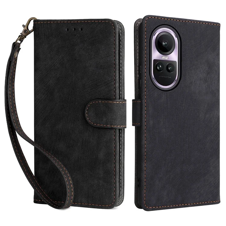 For Oppo Reno10 5G CPH2531 (Global) / Reno10 Pro 5G CPH2525 (Global) Shockproof Cover RFID Blocking Leather Wallet Phone Case with Strap - Black-Cellmalls