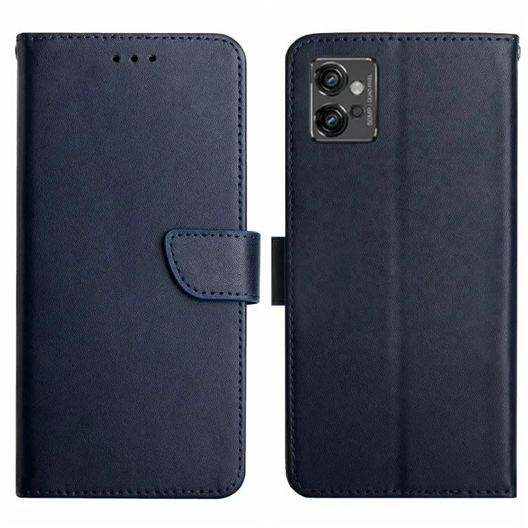 HT02 Shockproof Phone Case for Motorola Moto G32 4G, Nappa Texture Genuine Leather Magnetic Closure Stand Phone Cover - Blue-Cellmalls