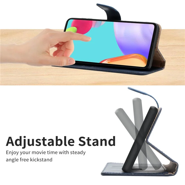 HT02 Shockproof Phone Case for Motorola Moto G32 4G, Nappa Texture Genuine Leather Magnetic Closure Stand Phone Cover - Blue-Cellmalls