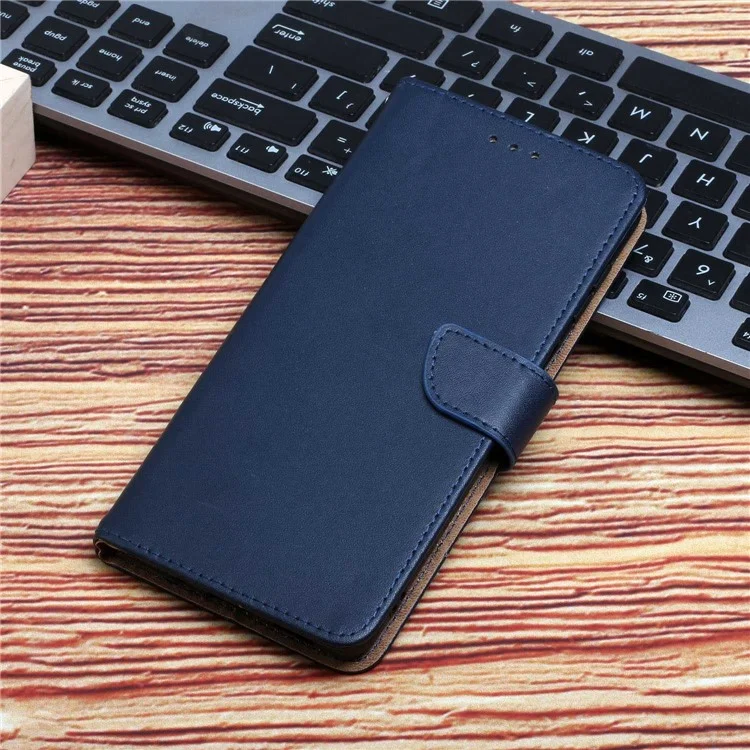 HT02 Shockproof Phone Case for Motorola Moto G32 4G, Nappa Texture Genuine Leather Magnetic Closure Stand Phone Cover - Blue-Cellmalls