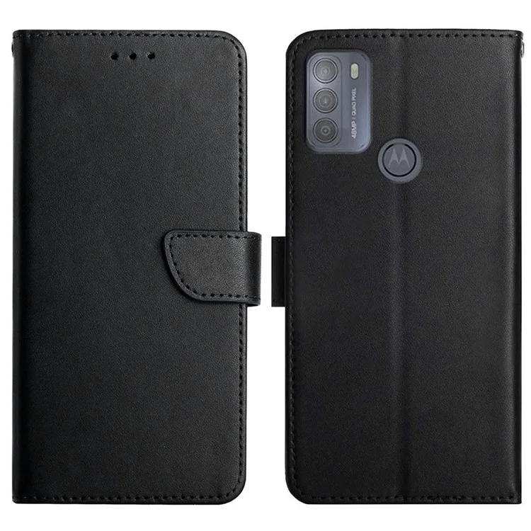 Genuine Leather Wallet Stand Function Flip Phone Cover Nappa Texture Full Body Protective Phone Case for Motorola Moto G50 - Black-Cellmalls