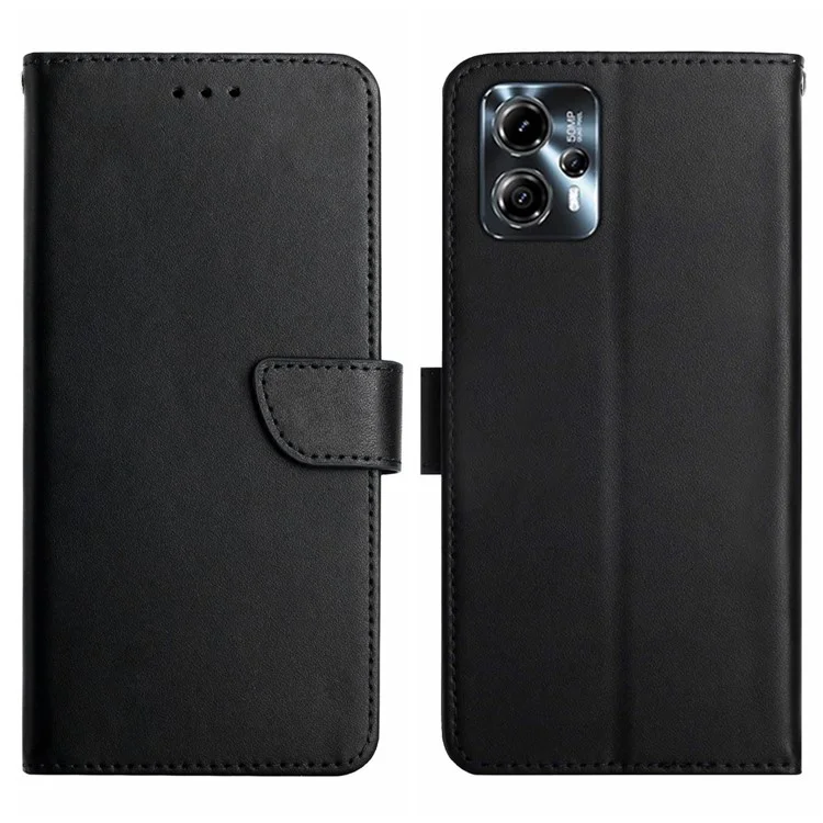 HT02 For Motorola Moto G23 4G / G13 4G Wallet Stand Cell Phone Case Genuine Leather Nappa Texture Phone Cover - Black-Cellmalls
