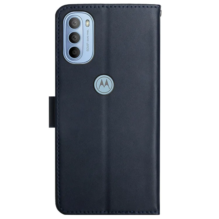Folio Flip Solid Color Nappa Texture Genuine Leather Phone Case Viewing Stand Wallet Cover for Motorola Moto G51 5G - Blue-Cellmalls