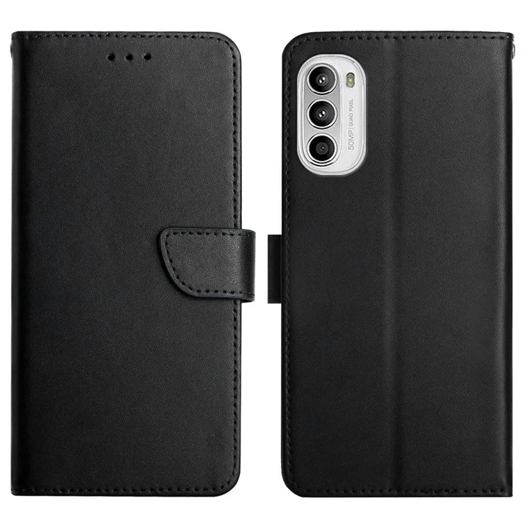 For Motorola Moto G52 4G / G82 5G Magnetic Closure Wallet Style Genuine Leather Cover Nappa Texture Adjustable Stand Cell Phone Case - Black-Cellmalls