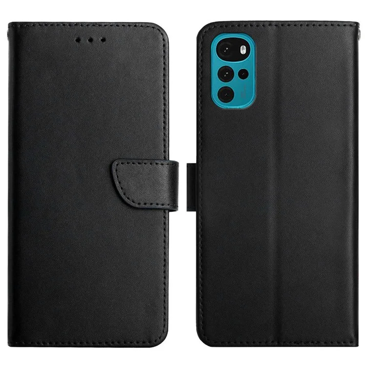 For Motorola Moto G22 Magnetic Closure Wallet Anti-fingerprint Genuine Leather Cover Nappa Texture Foldable Stand Phone Case - Black-Cellmalls