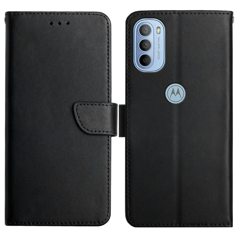 Folio Flip Mobile Phone Shell Nappa Texture Genuine Leather Phone Case Magnetic Closure Stand Wallet Cover for Motorola Moto G31 4G/G41 4G - Black-Cellmalls