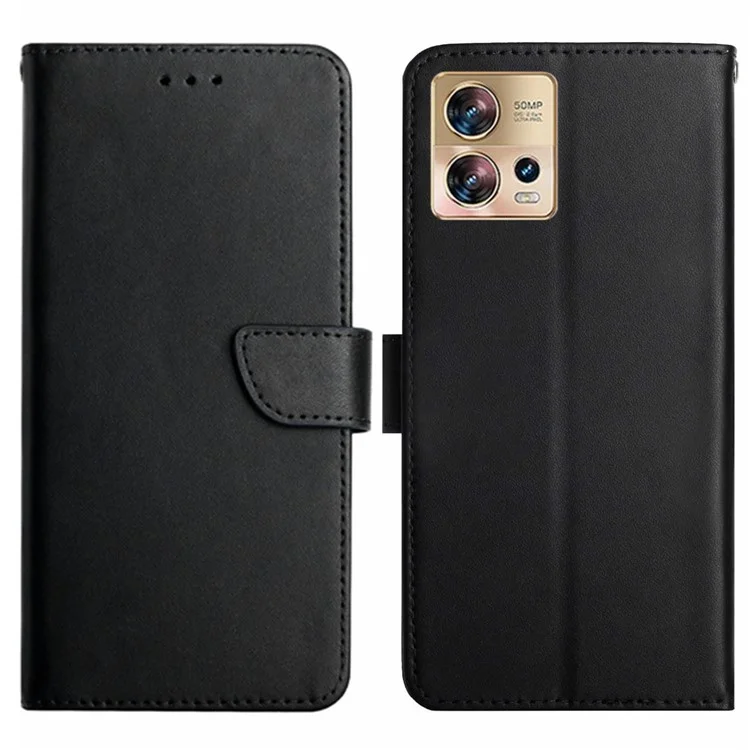 For Motorola Edge 30 Fusion 5G HT02 Nappa Texture Genuine Leather Wallet Case Stand Magnetic Closure Solid Color Cover - Black-Cellmalls