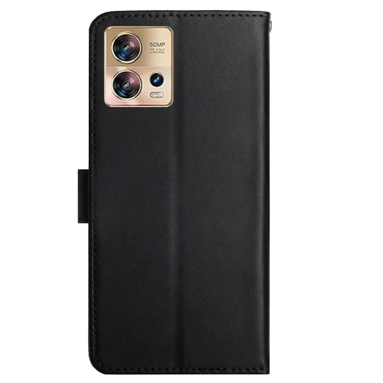 For Motorola Edge 30 Fusion 5G HT02 Nappa Texture Genuine Leather Wallet Case Stand Magnetic Closure Solid Color Cover - Black-Cellmalls