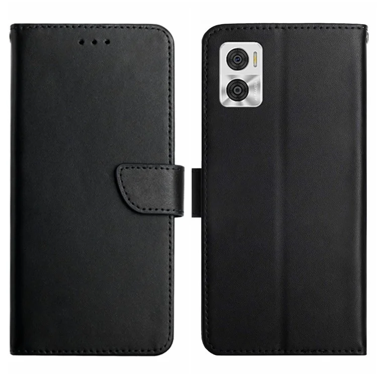 HT02 Genuine Leather Phone Case for Motorola Moto E22 4G / E22i 4G, Nappa Texture Wallet Magnetic Clasp Stand Function Flip Phone Cover - Black-Cellmalls