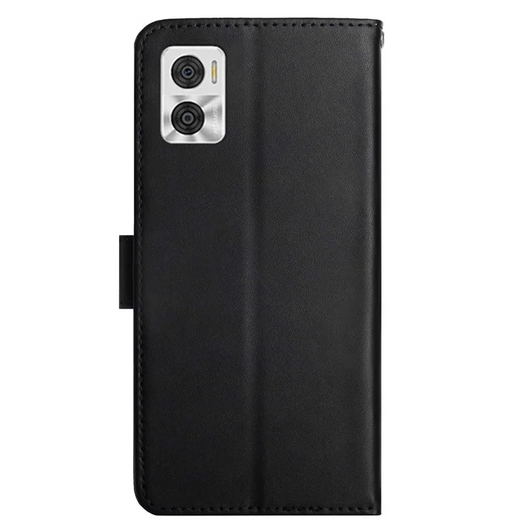 HT02 Genuine Leather Phone Case for Motorola Moto E22 4G / E22i 4G, Nappa Texture Wallet Magnetic Clasp Stand Function Flip Phone Cover - Black-Cellmalls