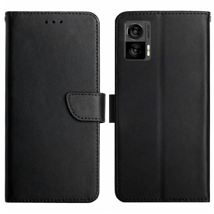 HT02 For Motorola Edge 30 Neo 5G Nappa Texture Genuine Leather Protective Case Wallet Stand Full Protection Phone Cover - Black-Cellmalls