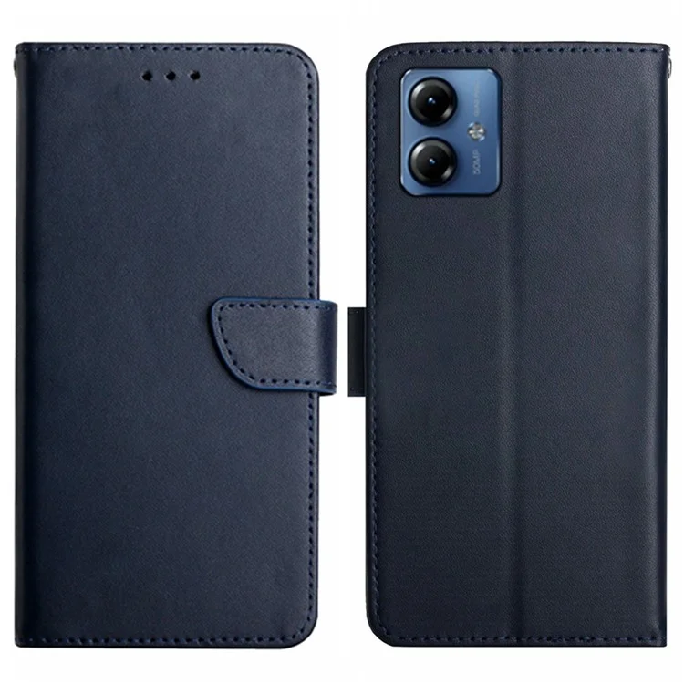 HT02 For Motorola Moto G14 4G Shockproof Wallet Phone Cover Genuine Cow Leather Phone Stand Cover - Black-Cellmalls