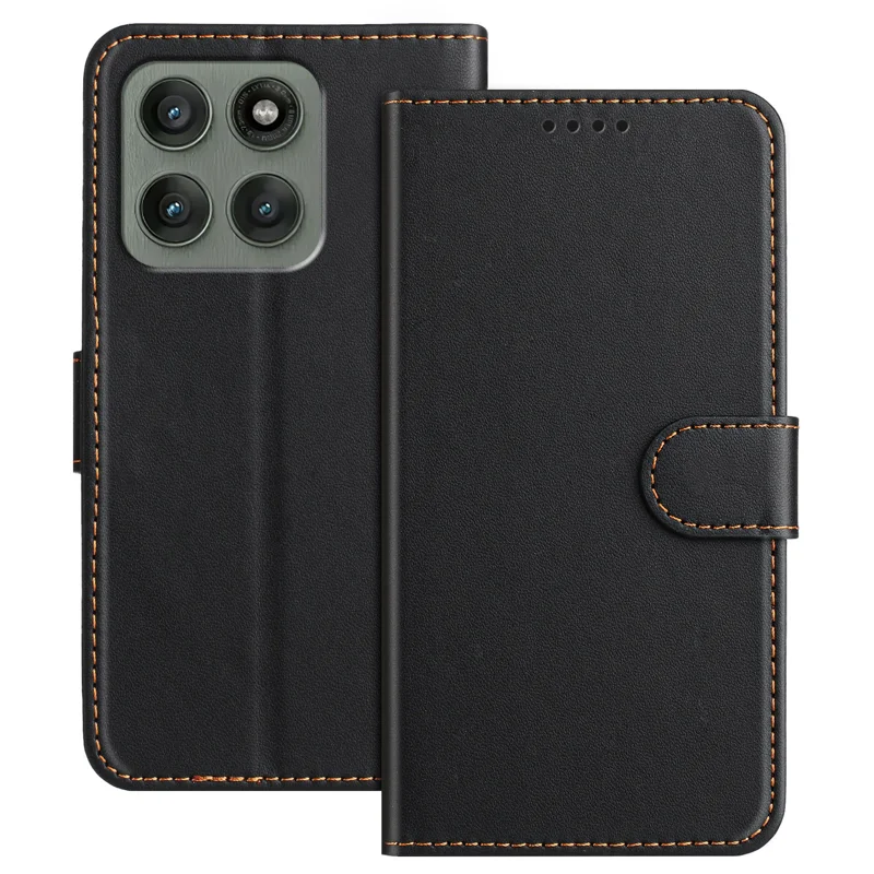 For Motorola Edge 60 Pro 5G Leather Case Wallet Stand Solid Color Anti Drop Phone Cover - Black-Cellmalls