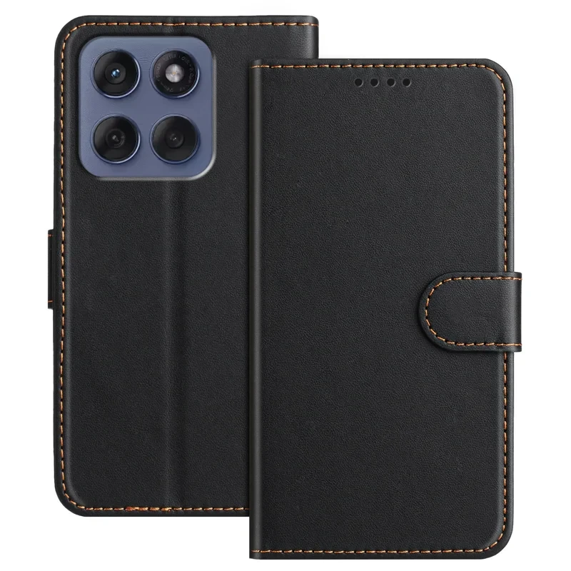 For Motorola Moto G56 5G Leather Case Wallet Stand Solid Color Anti Drop Phone Cover - Black-Cellmalls