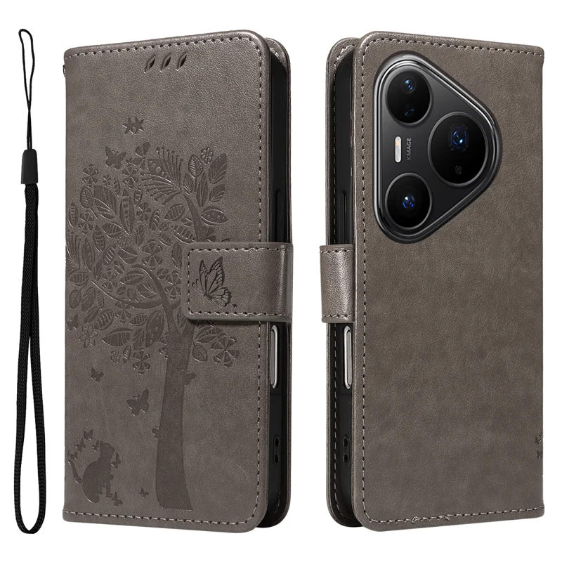 For Huawei Pura 80 Pro+ / Huawei Pura 80 Pro Phone Case with Stand Cat Tree Pattern Leather Wallet Mobile Cover - Grey-Cellmalls