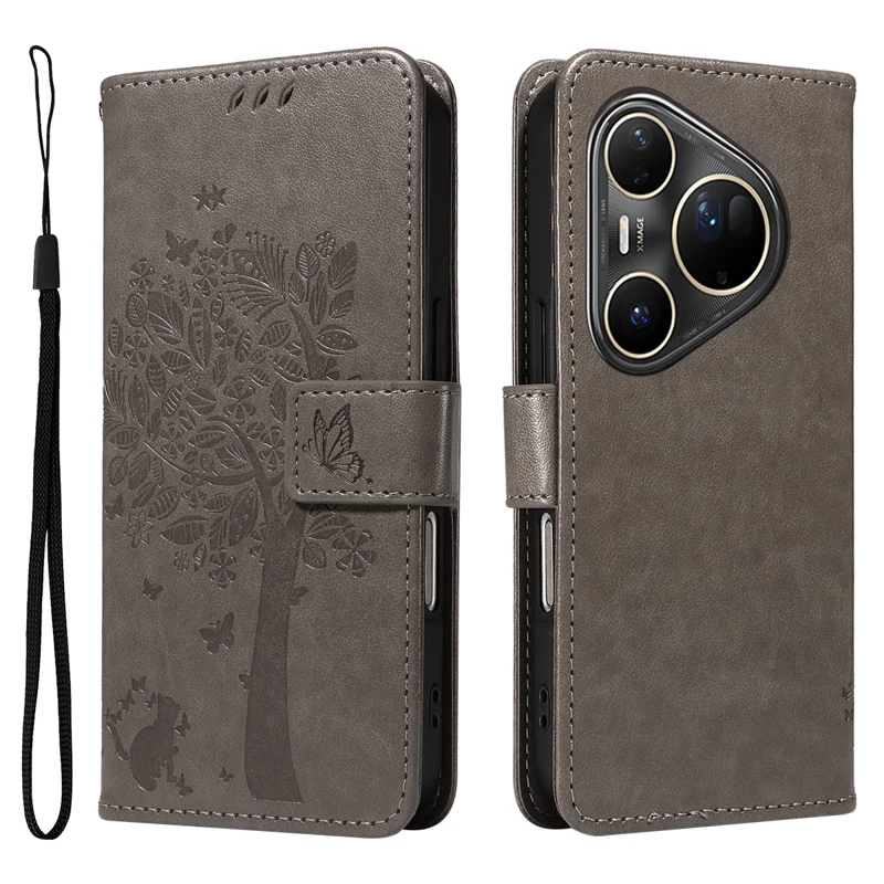 For Huawei Pura 80 Ultra Phone Case with Stand Cat Tree Pattern Leather Wallet Mobile Cover - Grey-Cellmalls