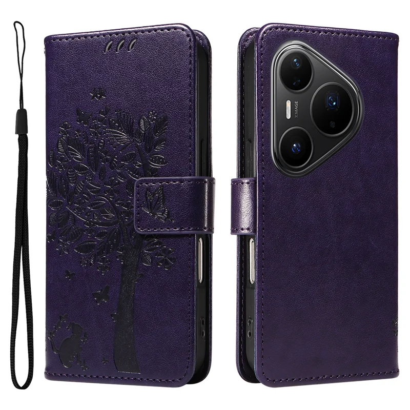 For Huawei Pura 80 Pro+ / Huawei Pura 80 Pro Phone Case with Stand Cat Tree Pattern Leather Wallet Mobile Cover - Grey-Cellmalls