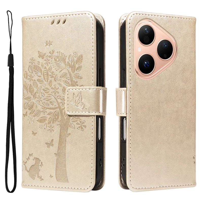 For Huawei Pura 80 Phone Case with Stand Cat Tree Pattern Leather Wallet Mobile Cover - Grey-Cellmalls