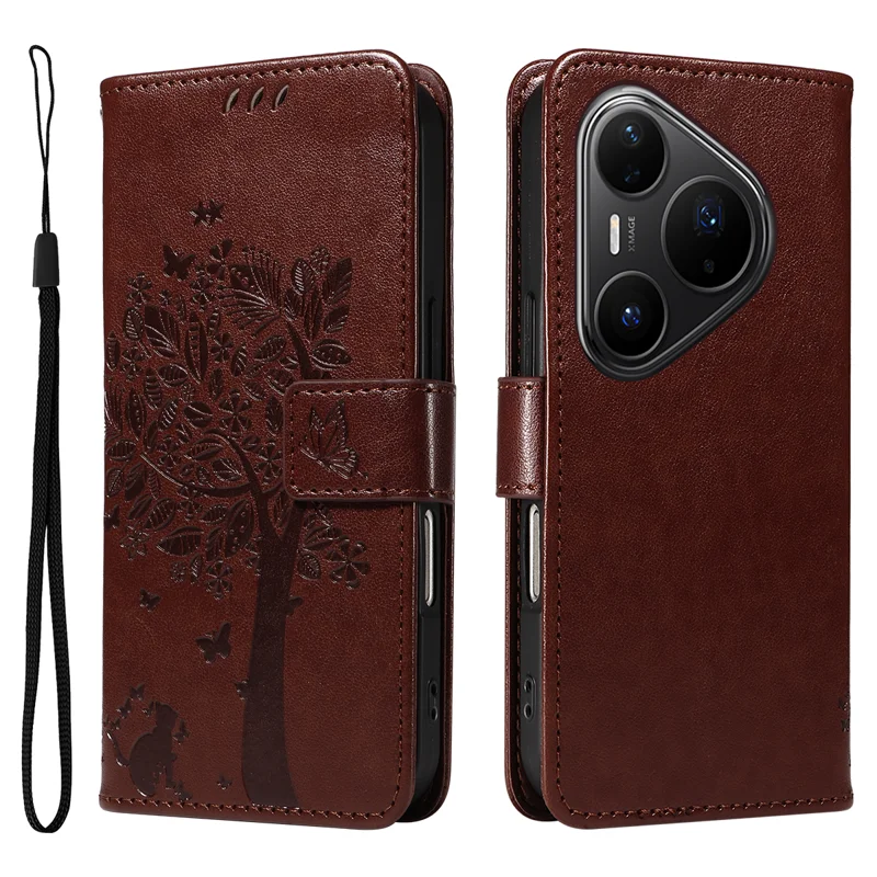 For Huawei Pura 80 Pro+ / Huawei Pura 80 Pro Phone Case with Stand Cat Tree Pattern Leather Wallet Mobile Cover - Grey-Cellmalls