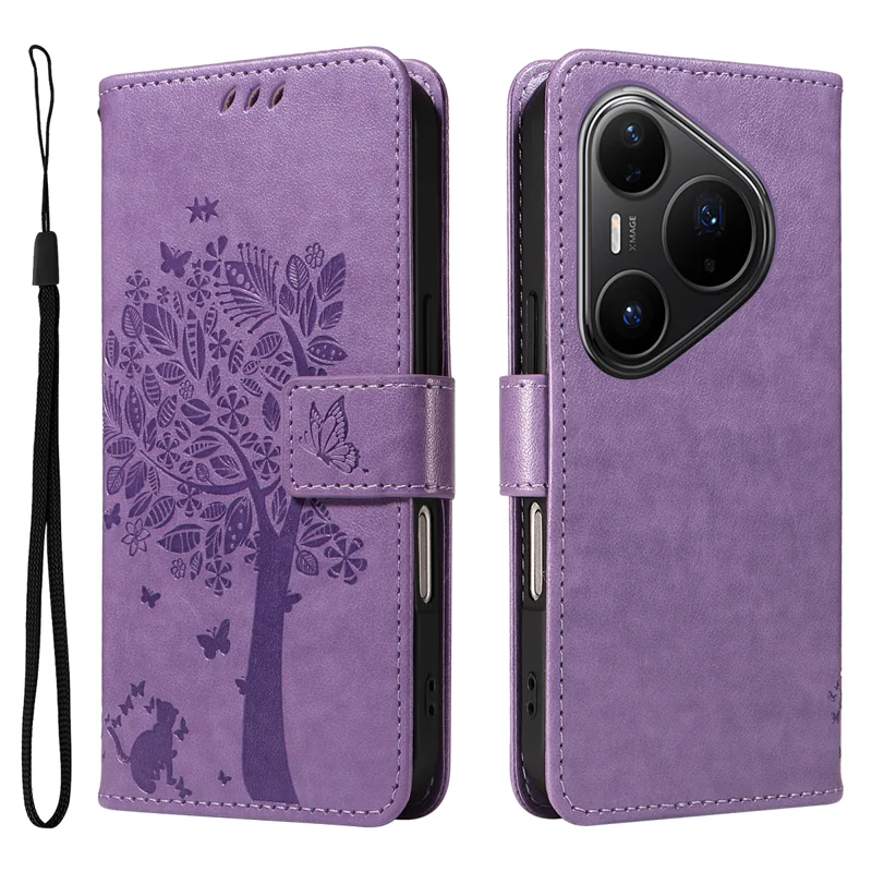 For Huawei Pura 80 Pro+ / Huawei Pura 80 Pro Phone Case with Stand Cat Tree Pattern Leather Wallet Mobile Cover - Grey-Cellmalls