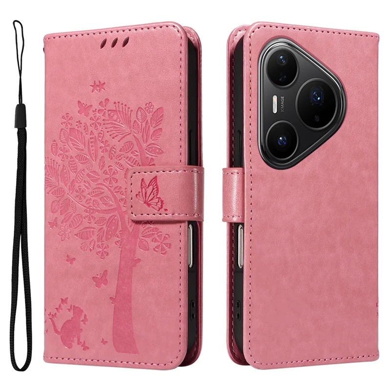 For Huawei Pura 80 Pro+ / Huawei Pura 80 Pro Phone Case with Stand Cat Tree Pattern Leather Wallet Mobile Cover - Grey-Cellmalls